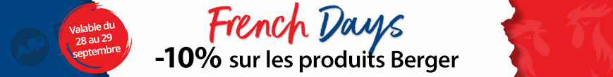 Bannière blanche avec texte rouge et bleu 'French Days', en dessous '-10% sur les produits Berger', à gauche autocollant rond rouge 'Uniquement le 24/09/2025', à droite silhouette rouge de la France