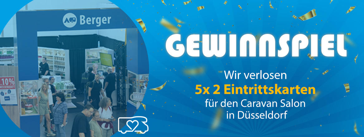 Linkes rundes Foto mit Messestand und mehreren Personen sowie sichtbarem Schriftzug 'Berger'; rechter Bereich blau mit Konfetti; gro&szlig;er wei&szlig;er Schriftzug 'GEWINNSPIEL'; kleinerer wei&szlig;er Text 'Wir verlosen 5x2 Eintrittskarten f&uuml;r den Caravan Salon in