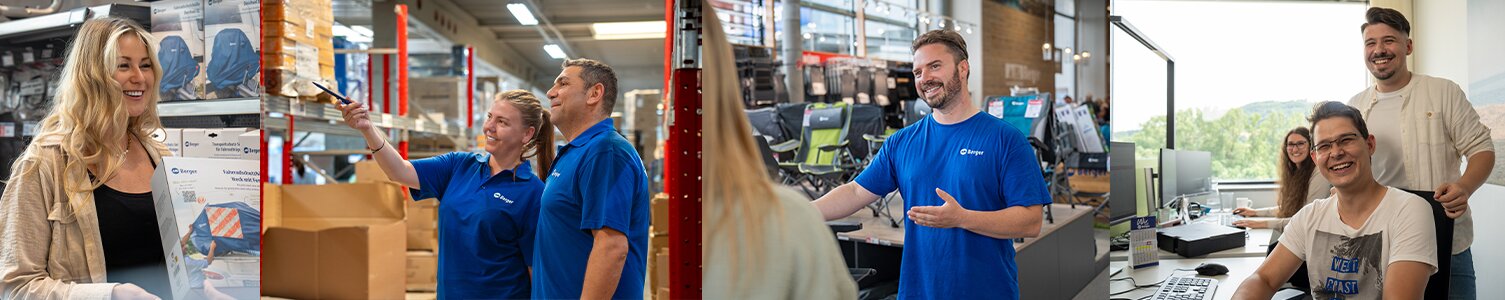 Banner mit Teammitgliedern und Eindrücken aus dem Büro 