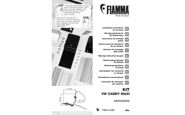 Fiamma Kit VW Caddy Maxi Adattatore tenda da sole per Fiamma F35
