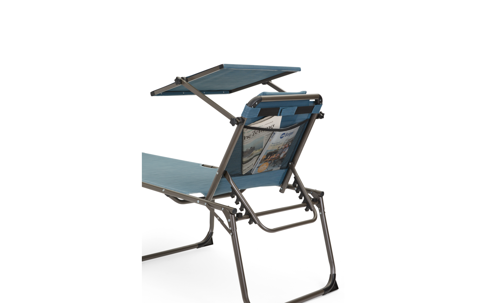Chaise pliante bleue avec cadre métallique et dossier en mesh