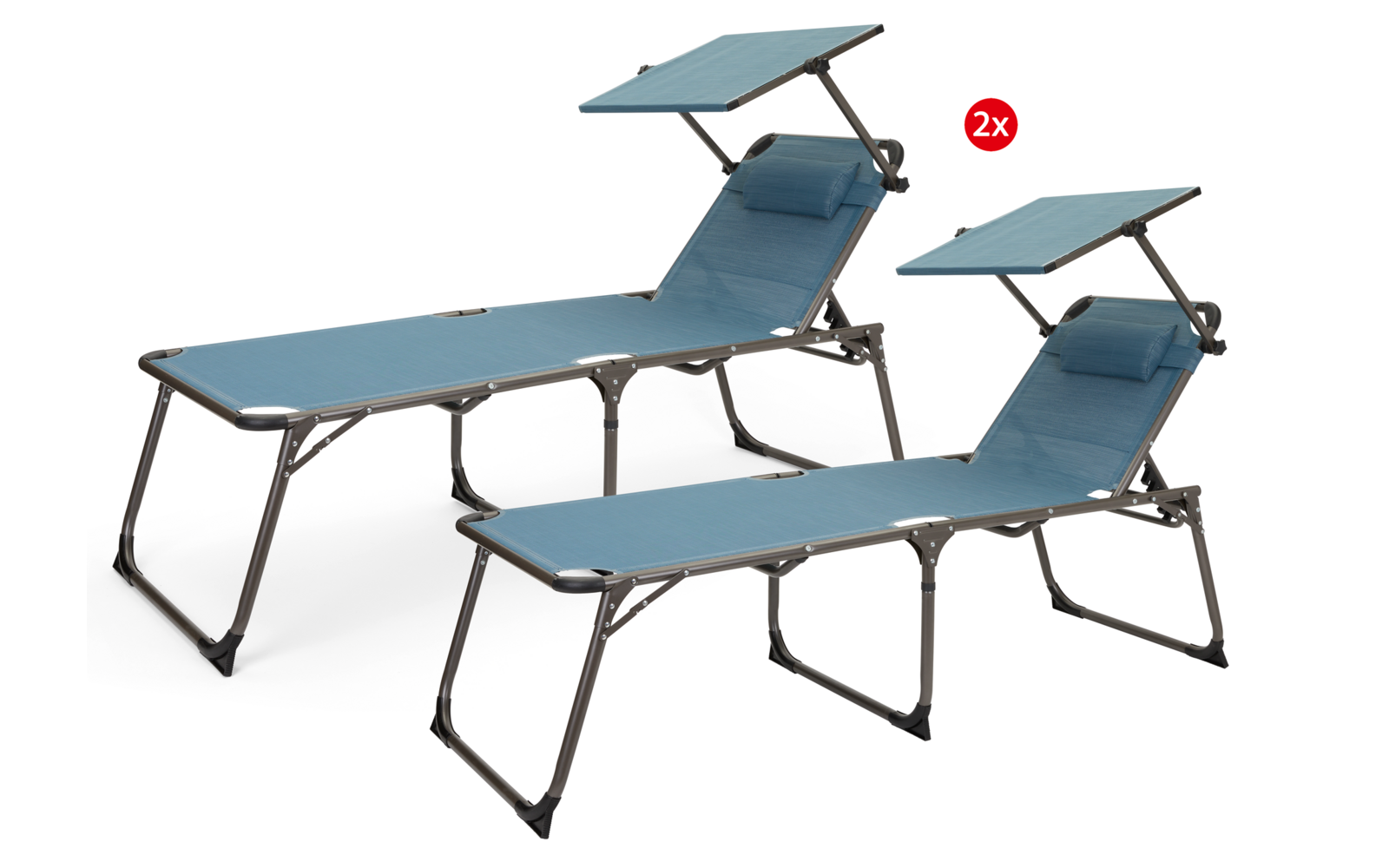 Deux chaises longues bleues avec cadre en métal et auvents réglables