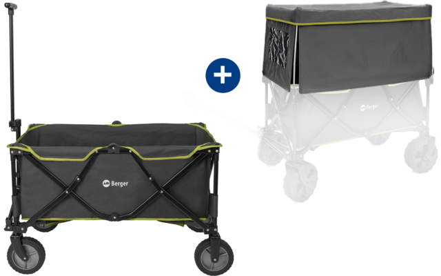Carrito plegable con tela negra y gris y costuras amarillas, mostrado sobre fondo blanco