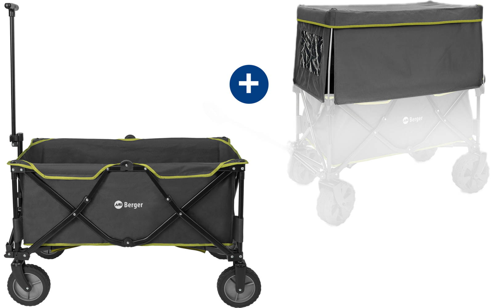 Carrito plegable con tela negra y gris y costuras amarillas, mostrado sobre fondo blanco