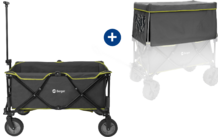 Klappbarer Bollerwagen mit schwarz-grauem Stoff und gelben Nähten, abgebildet vor weißem Hintergrund