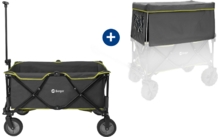 Inklapbare kar met zwart-grijze stof en gele naden, afgebeeld tegen een witte achtergrond