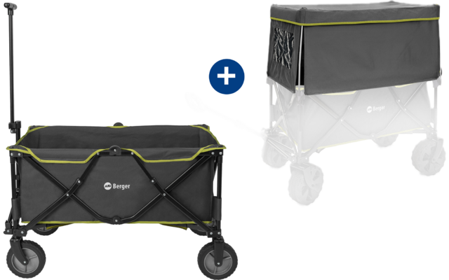 Klappbarer Bollerwagen mit schwarz-grauem Stoff und gelben Nähten, abgebildet vor weißem Hintergrund