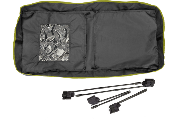 Schwarze faltbare Tasche mit einer kleinen transparenten Tasche und vier schwarzen Stangen auf weißem Hintergrund