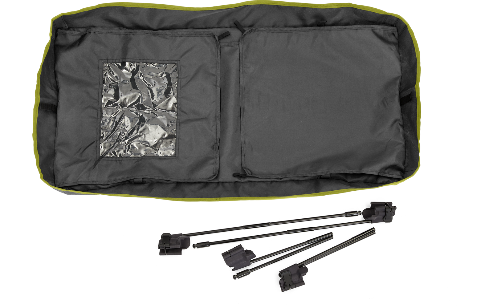 Schwarze faltbare Tasche mit einer kleinen transparenten Tasche und vier schwarzen Stangen auf weißem Hintergrund