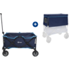 Carro plegable con cubierta azul y cuatro ruedas, mostrado desplegado y plegado