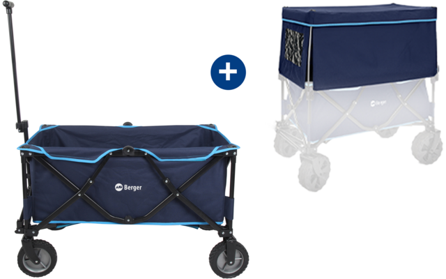 Faltbarer Bollerwagen mit blauer Plane und vier Rädern, ausgeschoben und zusammengeklappt