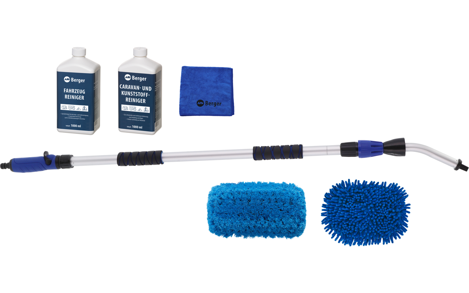 Reinigungsset mit zwei Flaschen Flüssigkeit, einem blauen Tuch, einem Teleskopstab und drei blauen Bürstenaufsätzen
