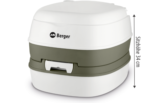 Weißes tragbares Camping-WC mit grauem Mittelteil und Deckel, seitliche Maße eingeblendet