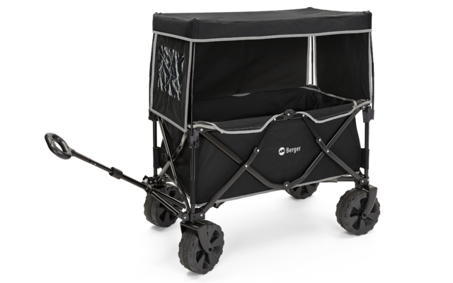 Schwarzer faltbarer Bollerwagen mit schwarzer Abdeckung und vier großen Rädern