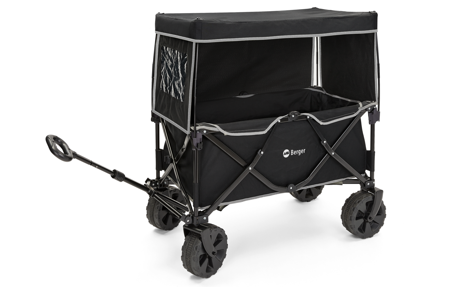 Schwarzer faltbarer Bollerwagen mit schwarzer Abdeckung und vier großen Rädern