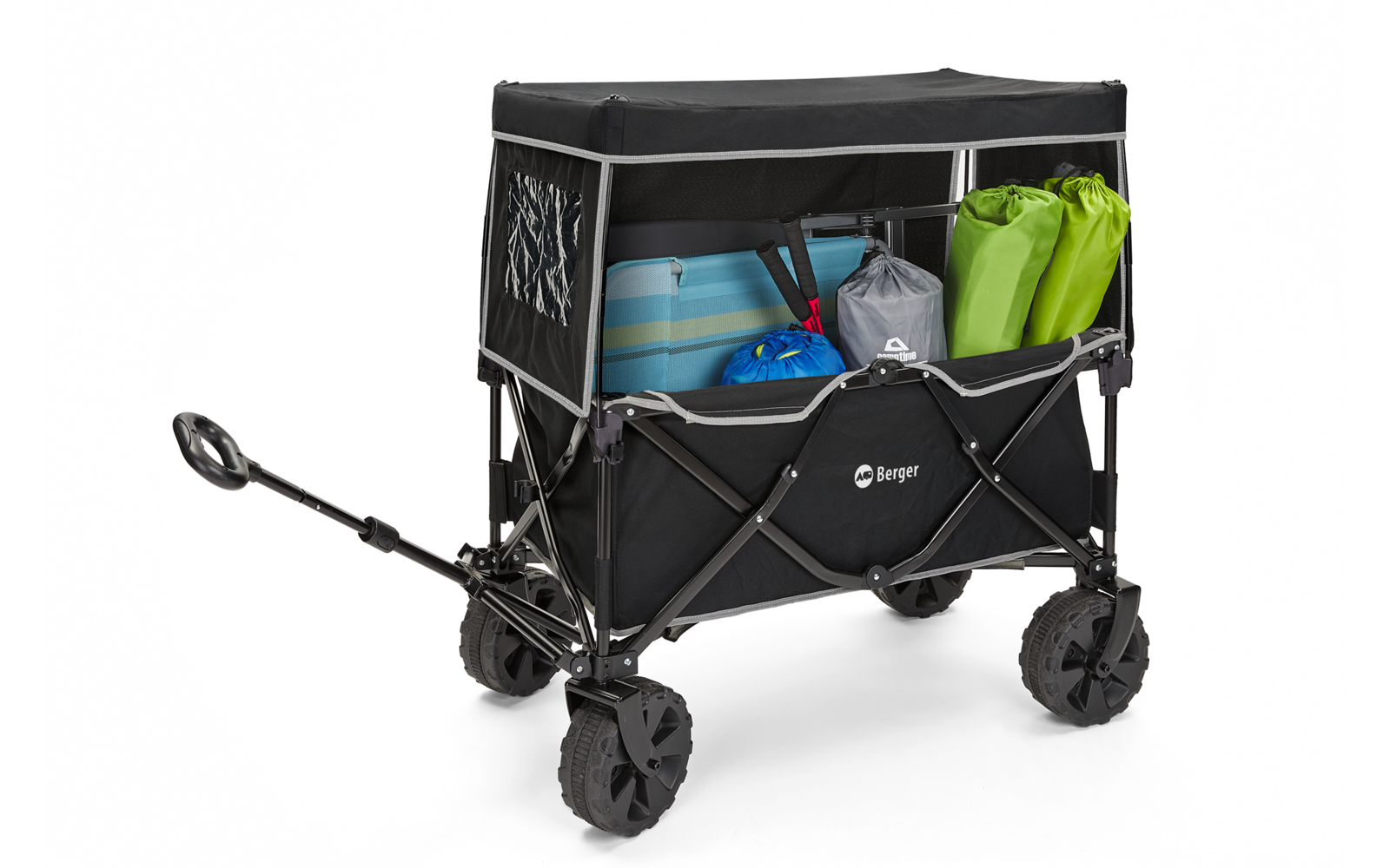 Faltbarer Bollerwagen mit schwarzen Stoffflächen und großem Stauraum, beladen mit bunten Taschen und einer weißen Decke