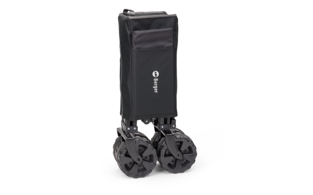 Gefalteter schwarzer Handwagen mit vier großen Rädern und Taschenfach