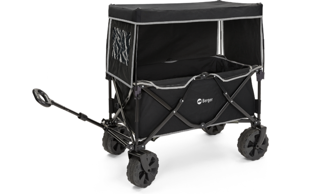 Carretto pieghevole nero con copertura nera e quattro grandi ruote