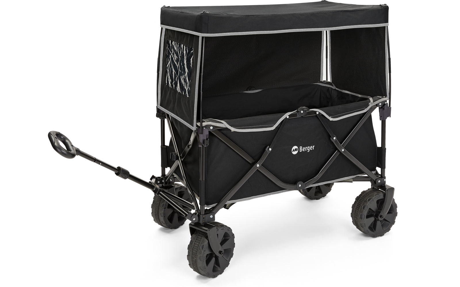 Carretto pieghevole nero con copertura nera e quattro grandi ruote