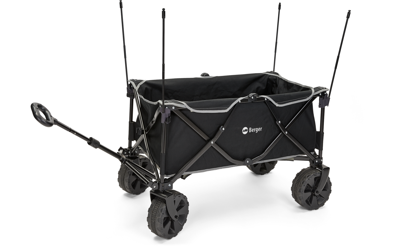 Carretto pieghevole nero con quattro ruote grandi e una lunga maniglia