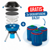 Parrilla de gas portátil azul mostrada con piezas apiladas a la izquierda; tres cartuchos de gas azules a la derecha; pancarta roja con el texto 'GRATIS 3x GASKARTUSCHE DAZU!'; signo más entre parrilla y cartuchos