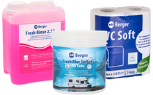Drie producten op witte achtergrond: links een roze 2,5 L kan met witte schroefdop en opschrift 'Fresh Rinse 2,5 l', middenvoor een witte kunststof emmer met blauw etiket 'Fresh Blue Sachets 15 Tabs' en afbeelding van een camper, rechts een blauwe verpakking met twee toiletpapierrollen en tekst 'WC Soft'