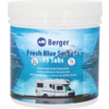 Witte kunststofcontainer met schroefdeksel en blauw etiket met opschrift 'Berger Fresh Blue Sachets 15 Tabs' en afbeelding van een camper voor water/golven