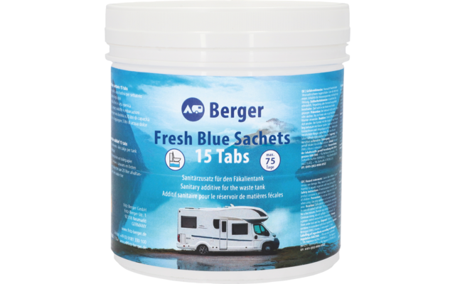 Witte kunststofcontainer met schroefdeksel en blauw etiket met opschrift 'Berger Fresh Blue Sachets 15 Tabs' en afbeelding van een camper voor water/golven