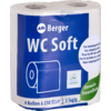 Vier witte toiletrolletjes in transparante verpakking met blauw etiket "Berger WC Soft", rolpictogram en groene sticker "Umweltfreundlich"