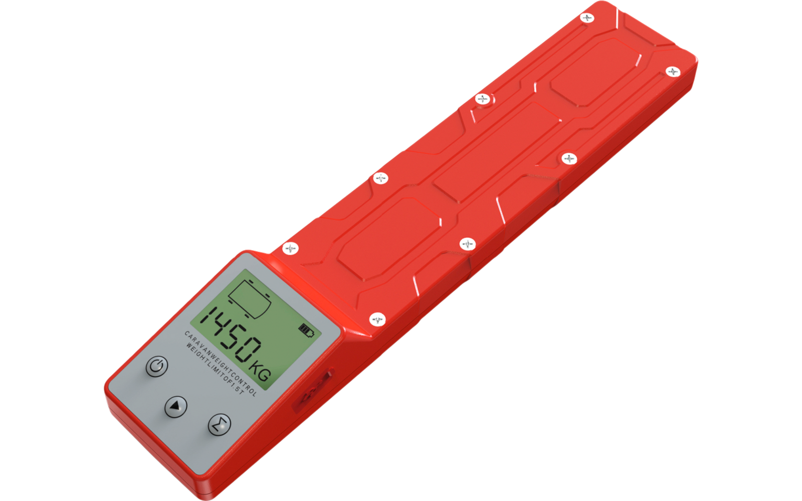 Rotes längliches elektronisches Gerät mit LCD-Anzeige, die "1450 KG" und ein Batteriesymbol zeigt; drei Tasten unter dem Display