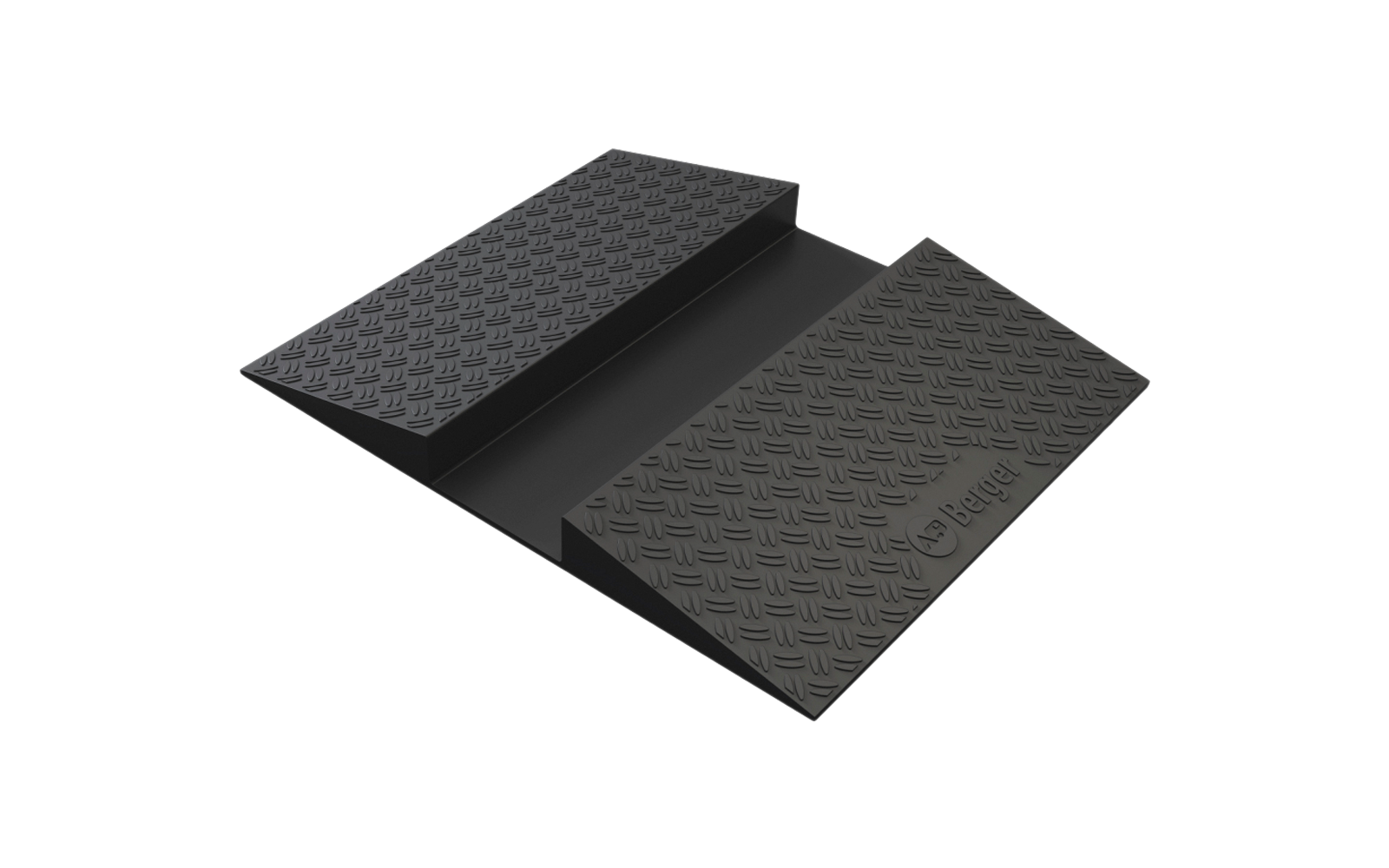 Schwarze, zweiteilige Rampe mit mittig erhöhtem Kanal, rautenförmiger Oberflächenstruktur und erhabenem Schriftzug