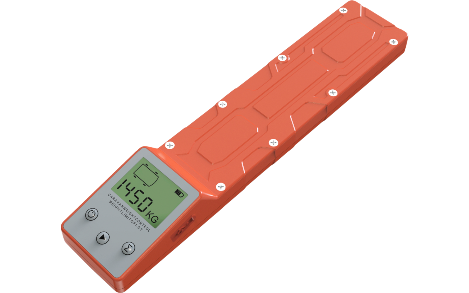 Dispositivo elettronico allungato rosso con display LCD che mostra "1450 KG" e un'icona della batteria; tre pulsanti sotto il display