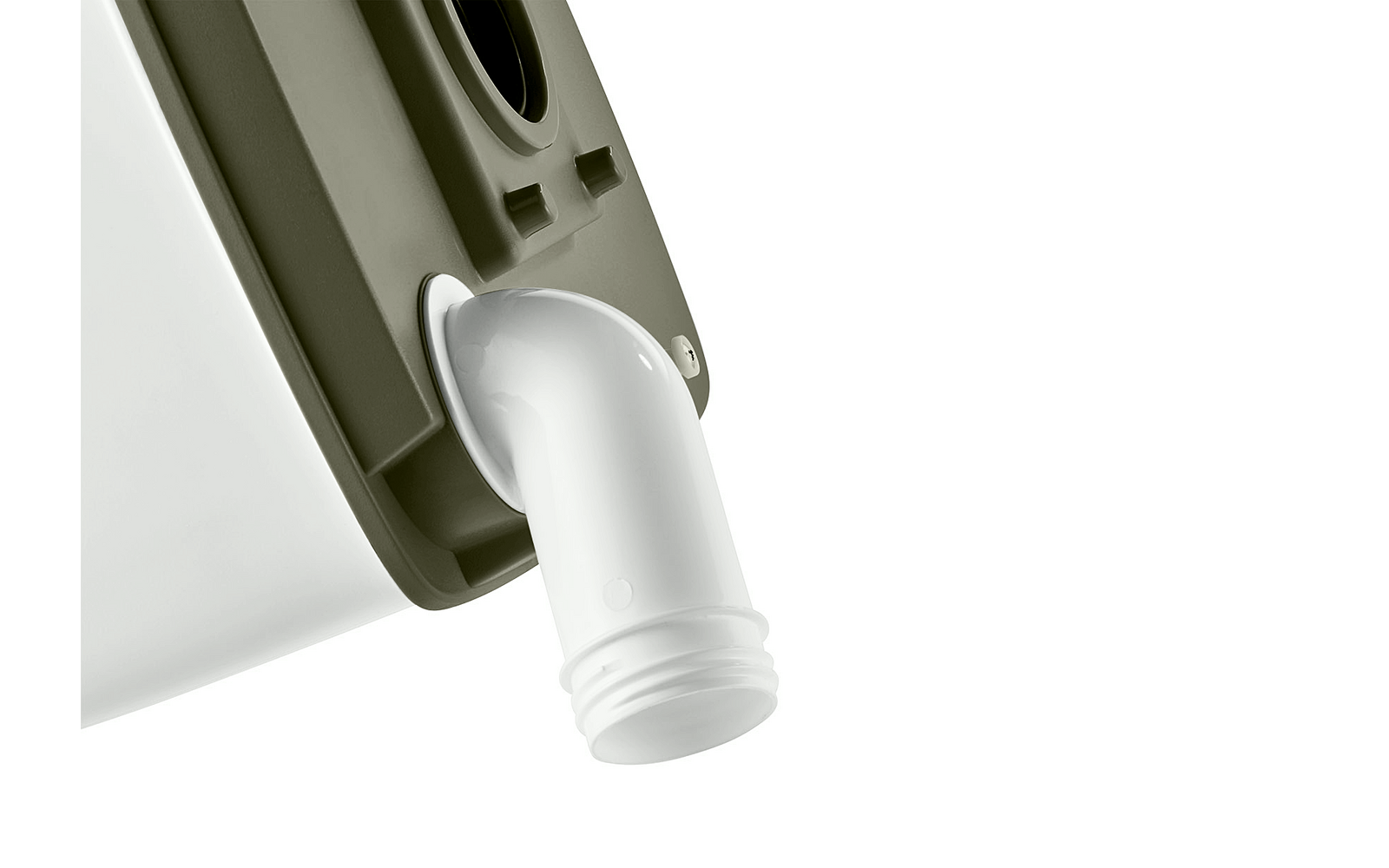 Beccuccio in plastica bianca con filettatura esterna inserito in un supporto grigio-bruno su una superficie bianca, primo piano