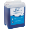 Tanica di plastica blu con manico e tappo a vite bianco, liquido blu visibile ed etichetta bianca con la scritta 'Fresh Blue 2,5 l'