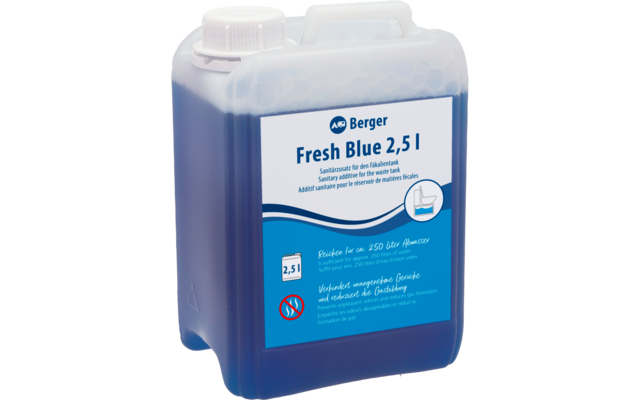 Tanica di plastica blu con manico e tappo a vite bianco, liquido blu visibile ed etichetta bianca con la scritta 'Fresh Blue 2,5 l'