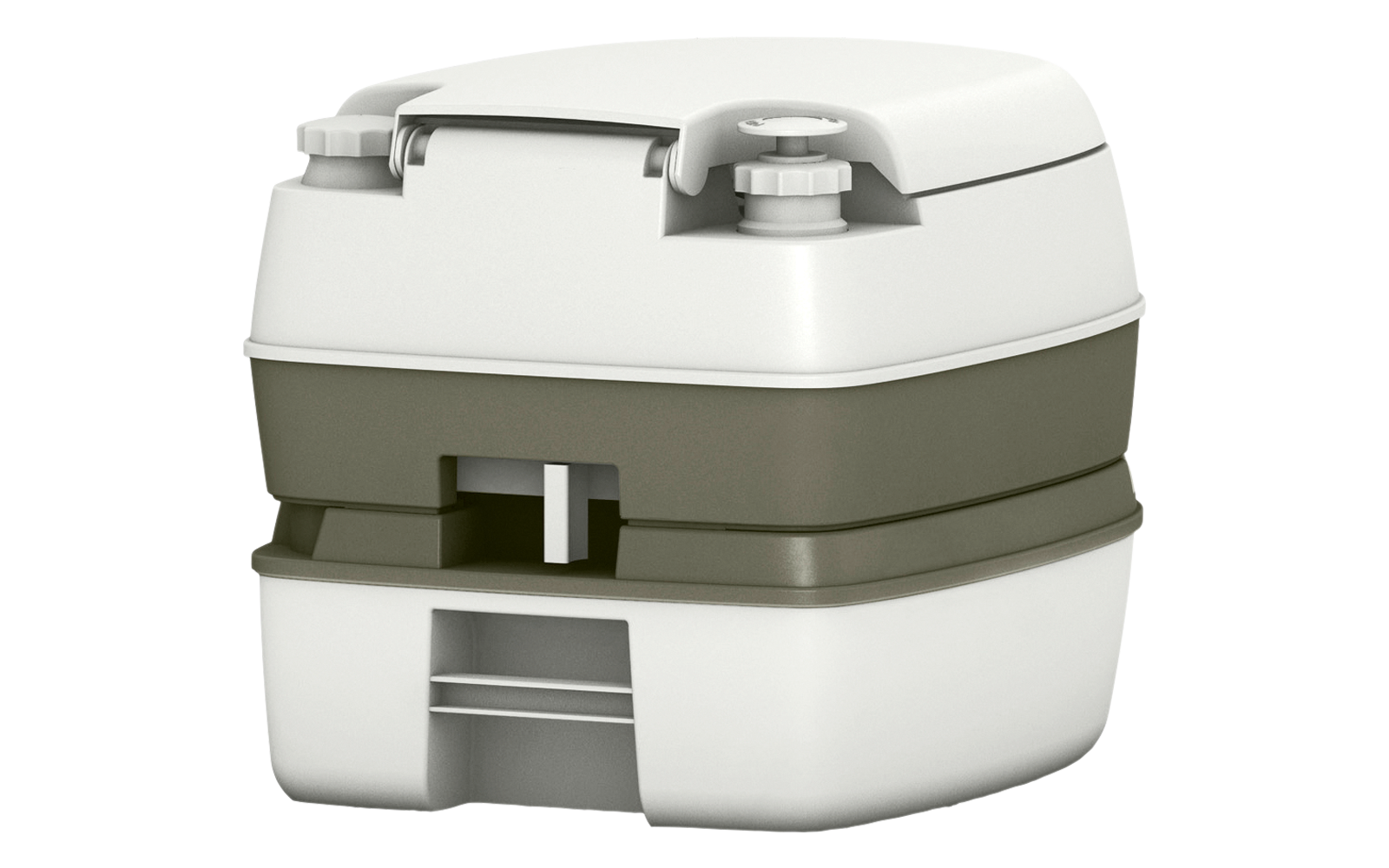 Contenitore in plastica bianco e grigio in due parti, angoli arrotondati, due tappi rotondi sopra e un'incavo frontale
