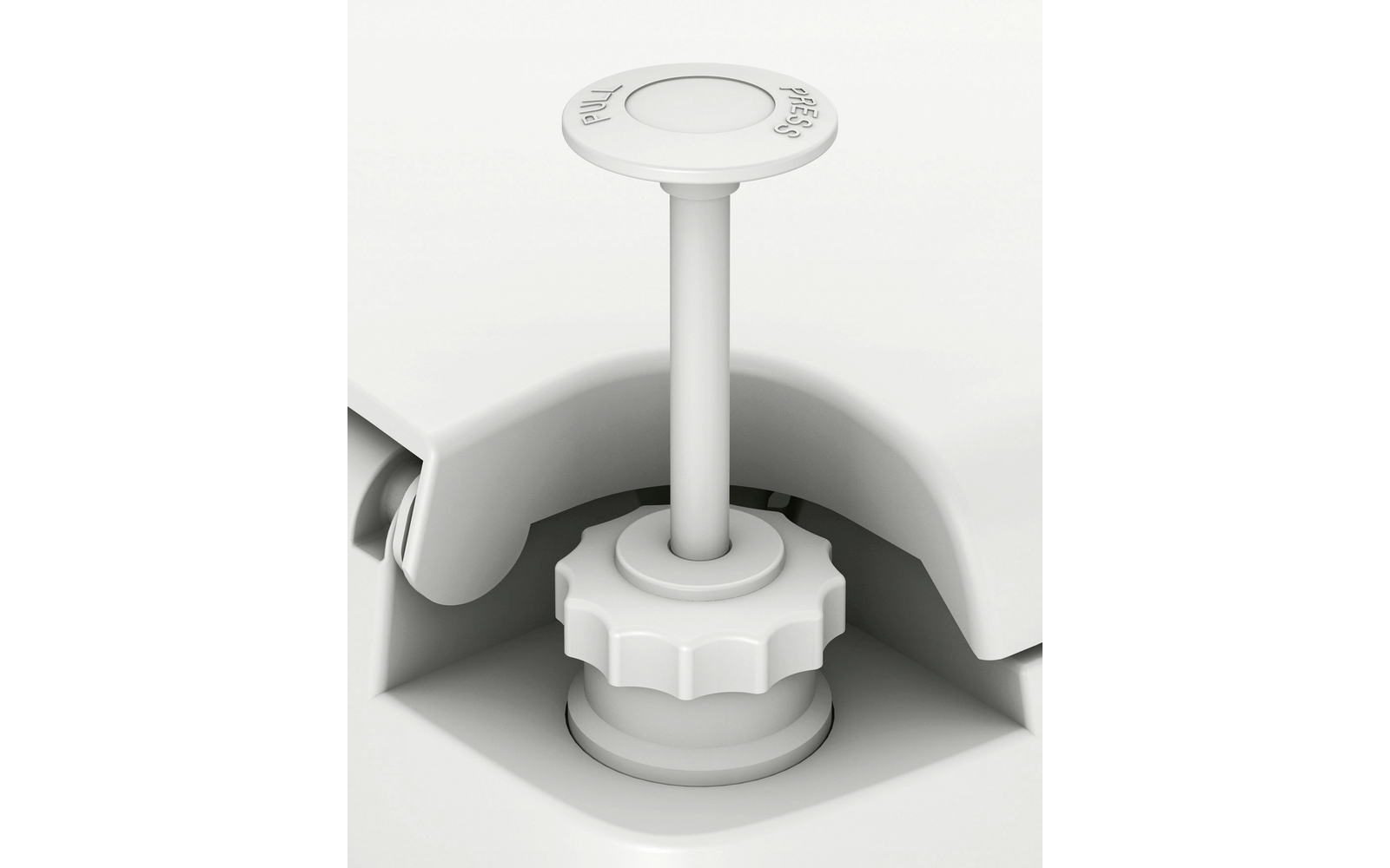 Asta in plastica bianca con testa tonda piatta, posizionata verticalmente e montata in un dado dentato all’interno di un’incavatura di un involucro in plastica bianca