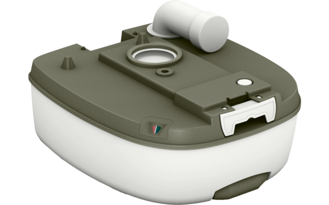 Piccolo involucro di plastica arrotondato con parte superiore verde oliva e base bianca, apertura circolare trasparente, elemento cilindrico bianco in cima e chiusura bianca sul davanti