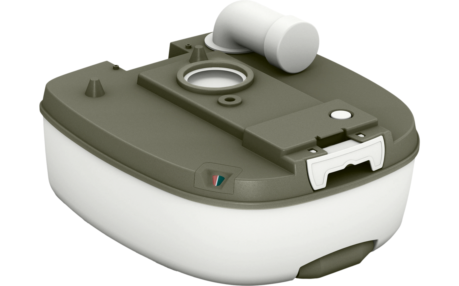 Piccolo involucro di plastica arrotondato con parte superiore verde oliva e base bianca, apertura circolare trasparente, elemento cilindrico bianco in cima e chiusura bianca sul davanti