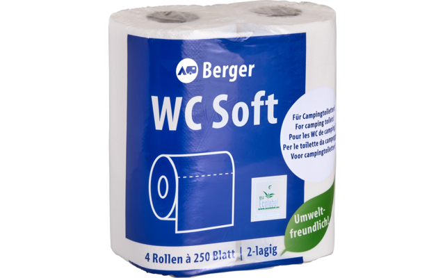 Quattro rotoli di carta igienica bianchi in confezione trasparente con etichetta blu "Berger WC Soft", icona di rotolo e adesivo verde "Umweltfreundlich"