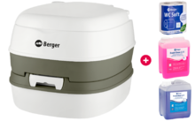 Toilette portatile da campeggio bianca e verde oliva con logo Berger, segno più rosso a destra e tre prodotti per l'igiene (confezione superiore con etichetta “WC Soft”, sotto taniche rosa e blu)
