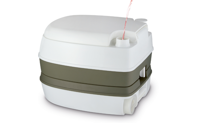 WC da campeggio portatile bianco-verde con coperchio chiuso; liquido rosa versato nell'apertura superiore