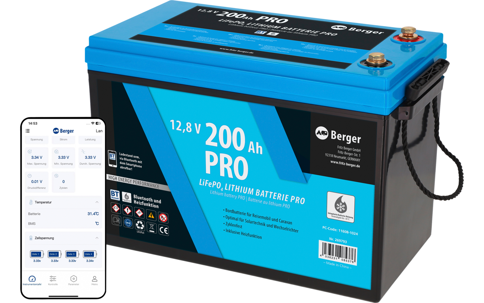 Image du produit Berger Titanium Rangierhilfe halbautomatisch Anthrazit + LiFePO4 Lithium Batterie Pro 200 Ah 12 V mit Bluetooth & Heizung im Set 1