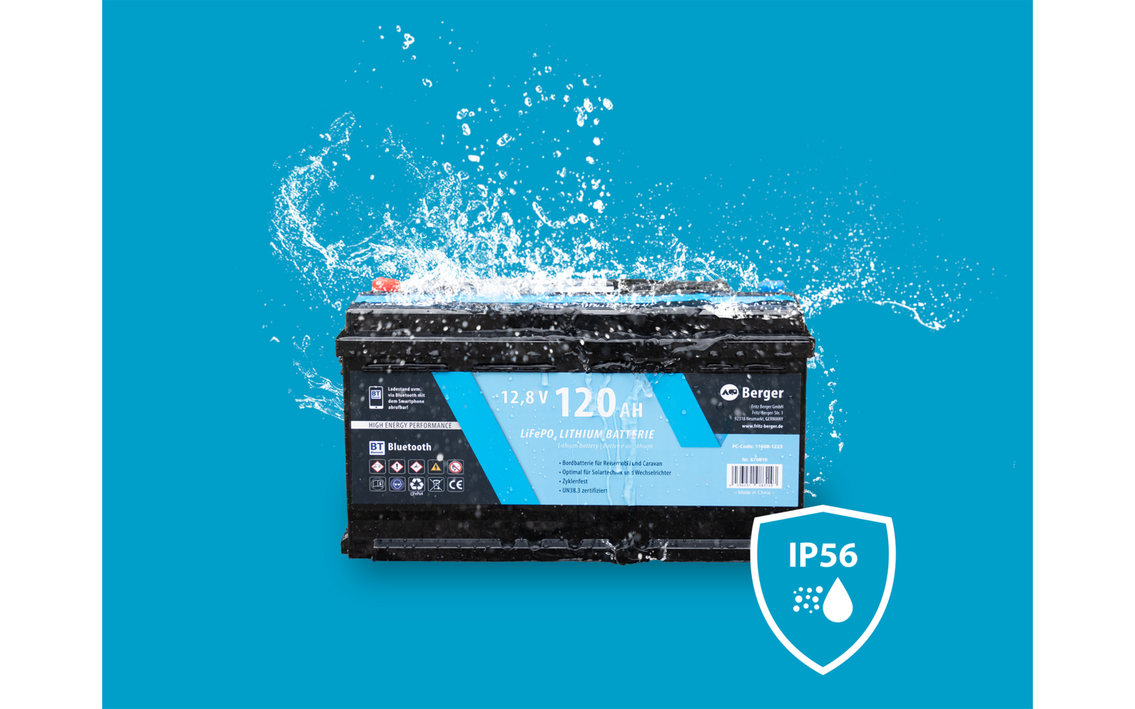 Produktbild Berger LiFePO4 Lithium Batterie 120 Ah 12 V mit Bluetooth + Berger SX PRO MPPT-Solarladeregler 20 A + PX150 starres Solarpanel 150 W im Set 1