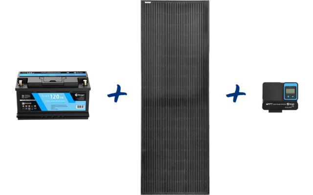 Large vertical black rectangle with fine vertical lines; next to it a black rectangular block with a carrying handle and blue label; to the right a small black rectangular device with a blue display; blue plus signs between the objects
