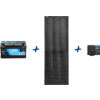 Large vertical black rectangle with fine vertical lines; next to it a black rectangular block with a carrying handle and blue label; to the right a small black rectangular device with a blue display; blue plus signs between the objects