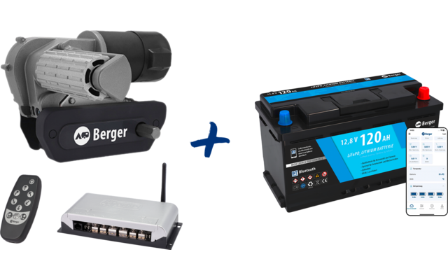 Left: gray device with cylindrical light elements and Berger logo, separate remote and white control box. Center: blue plus sign. Right: black battery with blue label 12.8V 120Ah and a smartphone displaying an app