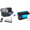 Electric winch with control unit and handheld remote at left, battery with smartphone display at right, blue plus sign between them