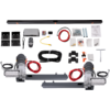Two silver rollers with black housings, red and black cables, long black metal bar at top, remote control, several black and silver metal parts, screws in small plastic bags, instruction manual