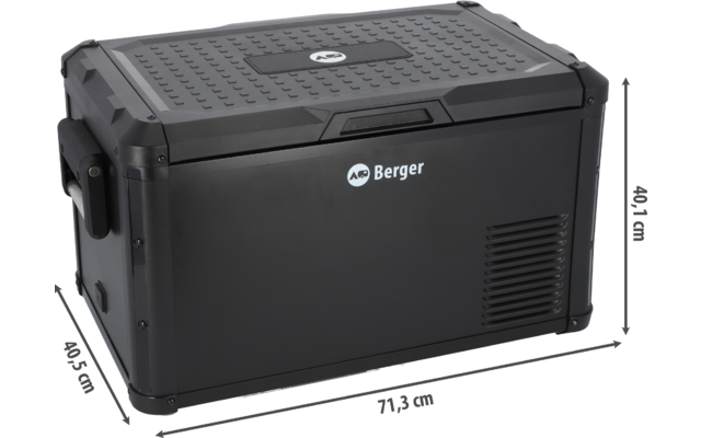 Boîte rectangulaire noire avec couvercle supérieur, poignée latérale, grille d'aération, logo "Berger" et flèches de dimensions 71,3 cm × 40,5 cm × 40,1 cm